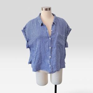 Old Navy Plaid Gingham Western Cowboy Checkered Top Blouse Large Blue White